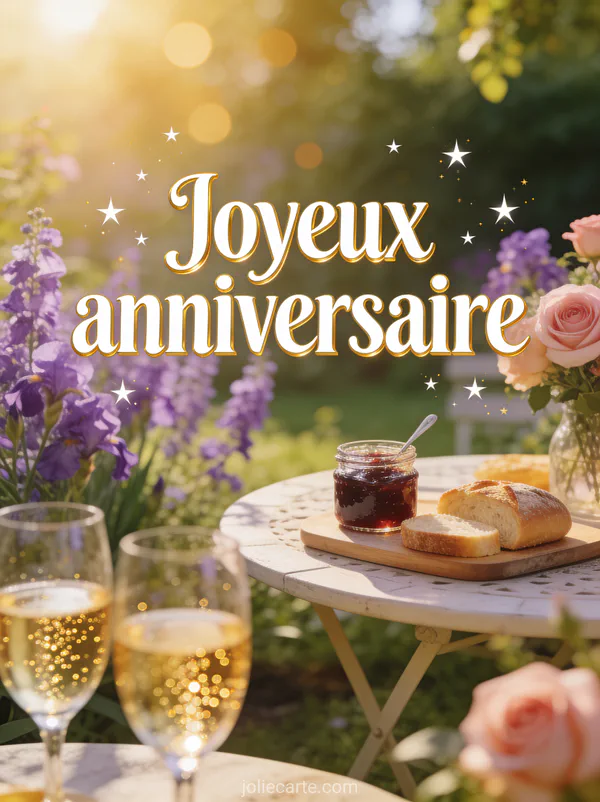 Table de jardin ensoleillée avec confiture et pain frais, digitales violettes et coupes de champagne avec le texte Joyeux anniversaire