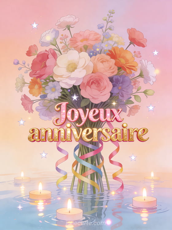 Bouquet de fleurs colorées luxuriantes avec bougies flottantes sur l'eau et serpentins sur fond pastel avec le texte Joyeux anniversaire