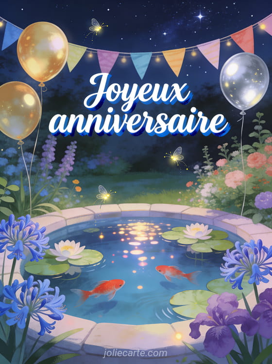 Bassin aux poissons rouges avec nénuphars sous un ciel étoilé, agapanthes bleues et ballons dorés avec le texte Joyeux anniversaire