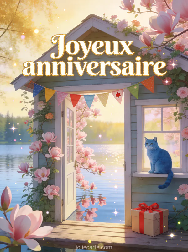 Cabane fleurie au bord d'un lac avec chat bleu russe sur le rebord, magnolias roses et cadeau emballé avec le texte Joyeux anniversaire