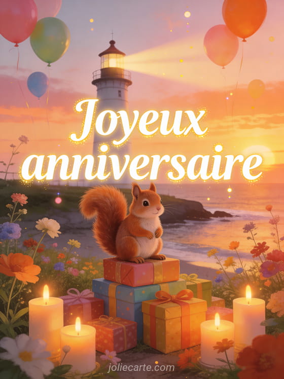 Phare au crépuscule avec fleurs sauvages, écureuil roux sur une pile de cadeaux et ballons colorés avec le texte Joyeux anniversaire