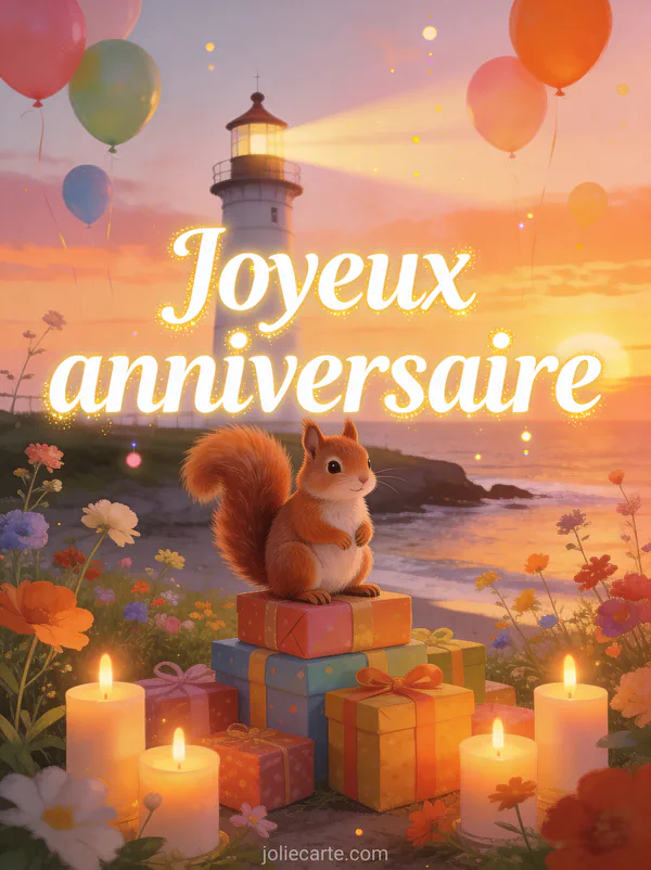 Phare au crépuscule avec fleurs sauvages, écureuil roux sur une pile de cadeaux et ballons colorés avec le texte Joyeux anniversaire
