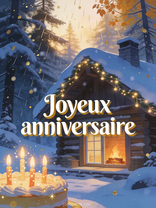 Chalet de montagne sous la neige avec guirlandes lumineuses, gâteau avec bougies scintillantes et feu de cheminée avec le texte Joyeux anniversaire