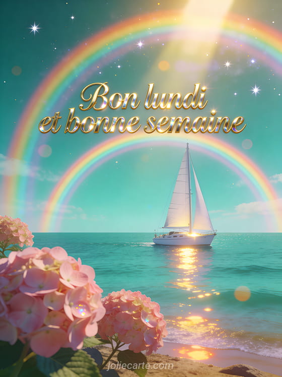 Voilier blanc sur une mer turquoise sous un double arc-en-ciel avec hortensias roses et le texte Bon lundi et bonne semaine