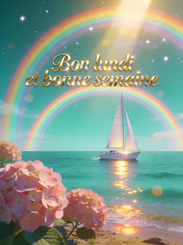 Voilier blanc sur une mer turquoise sous un double arc-en-ciel avec hortensias roses et le texte Bon lundi et bonne semaine