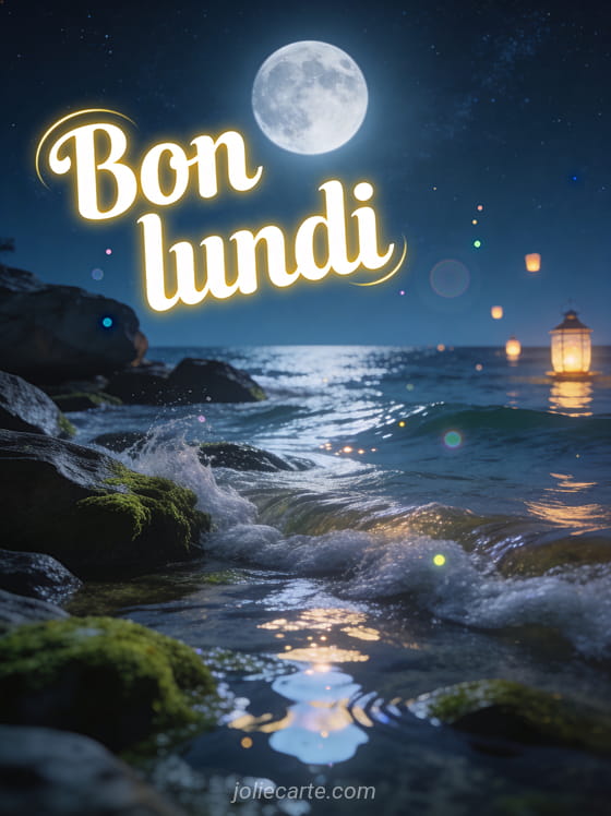 Bord de mer avec vagues sur des rochers moussus sous une pleine lune argentée et lanternes flottantes avec le texte Bon lundi