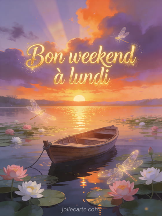 Barque en bois sur un lac calme avec nénuphars roses et blancs sous un coucher de soleil flamboyant et le texte Bon weekend à lundi
