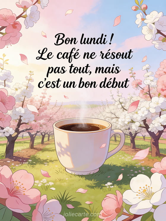 Illustration colorée d'un verger de pruniers en fleurs avec une tasse de café géante au milieu et le texte Bon lundi