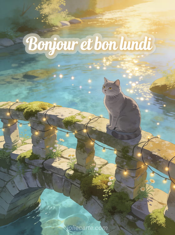 Chat chartreux gris assis sur le parapet d'un pont de pierre ancien avec guirlandes lumineuses et le texte Bonjour et bon lundi