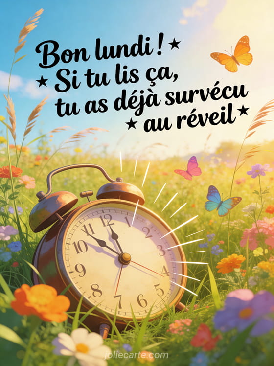 Illustration d'une prairie fleurie avec un réveil vintage géant dans l'herbe et des papillons colorés avec le texte Bon lundi