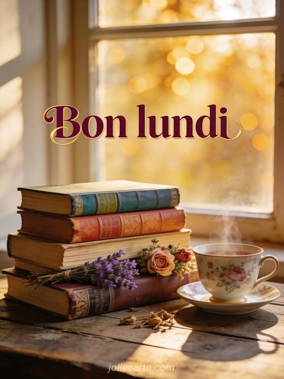 Pile de livres anciens aux reliures colorées avec une tasse de thé fumante en porcelaine et fleurs séchées dans une lumière chaude avec le texte Bon lundi