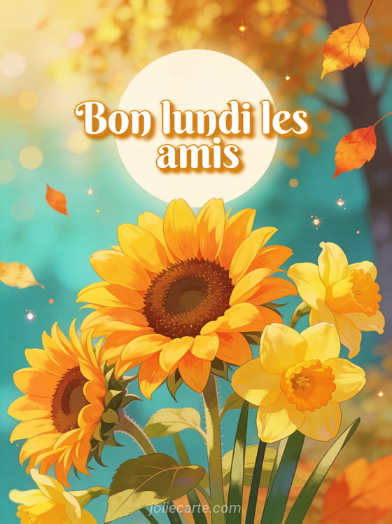 Tournesols lumineux et jonquilles jaunes avec feuilles dorées tombantes sur fond turquoise flou avec bokeh doré et le texte Bon lundi les amis