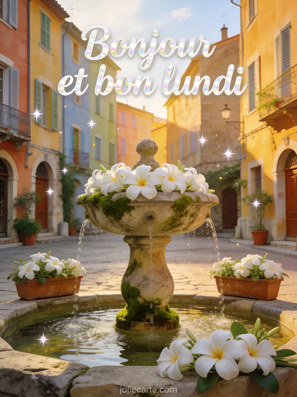 Place de village provençal avec fontaine en pierre moussue ornée de fleurs de tiaré blanches sous la lumière dorée du matin et le texte Bonjour et bon lundi