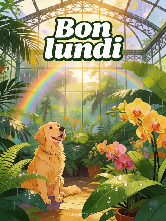 Chien golden retriever joyeux assis dans une serre tropicale luxuriante avec orchidées et fougères sous des rayons de soleil et le texte Bon lundi
