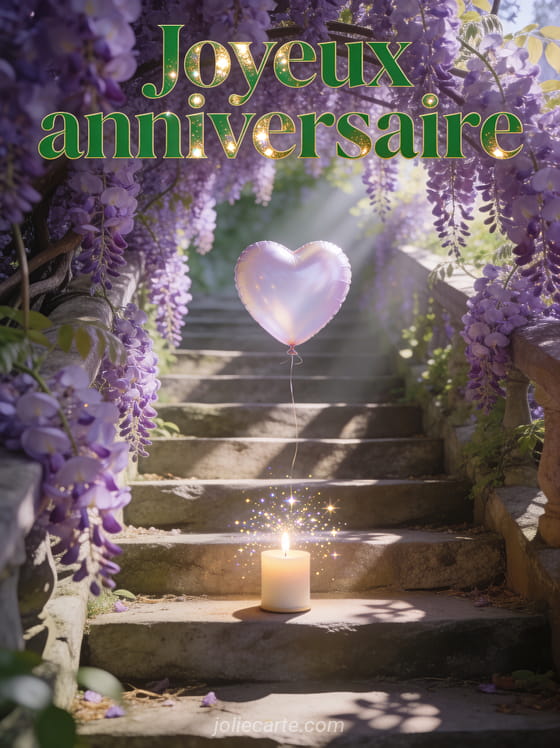 Escalier en pierre couvert de glycine violette dans un paysage zen avec le texte Joyeux anniversaire en lettres vertes