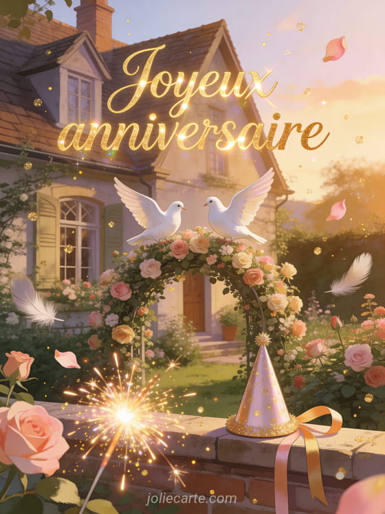 Cottage anglais avec jardin de roses anciennes, colombes blanches sur une arche fleurie et le texte Joyeux anniversaire en lettres dorées