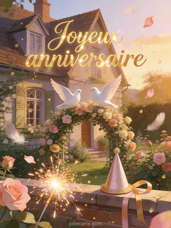 Cottage anglais avec jardin de roses anciennes, colombes blanches sur une arche fleurie et le texte Joyeux anniversaire en lettres dorées