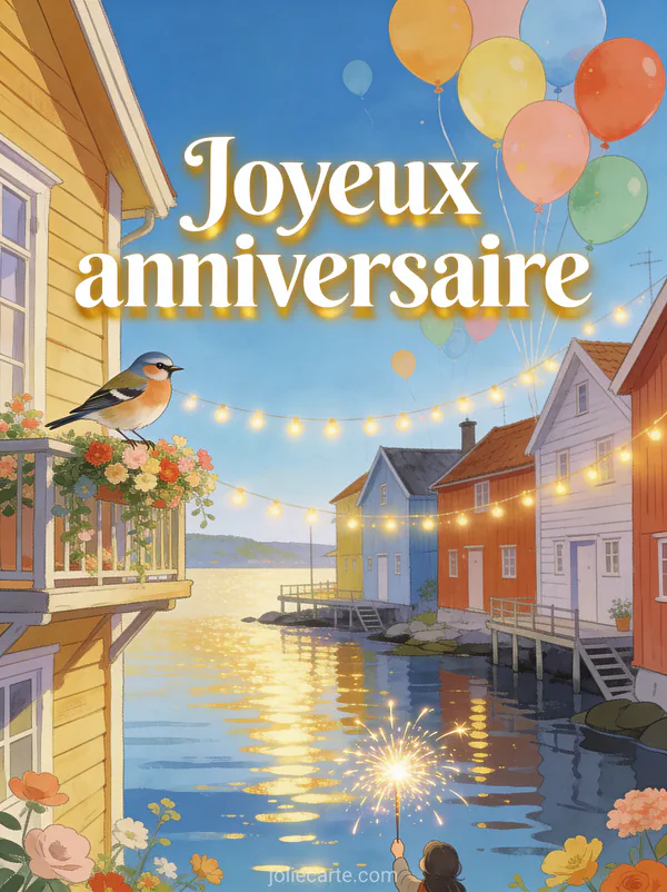 Village de pêcheurs scandinave coloré au bord de l'eau avec chardonneret sur un balcon fleuri et le texte Joyeux anniversaire