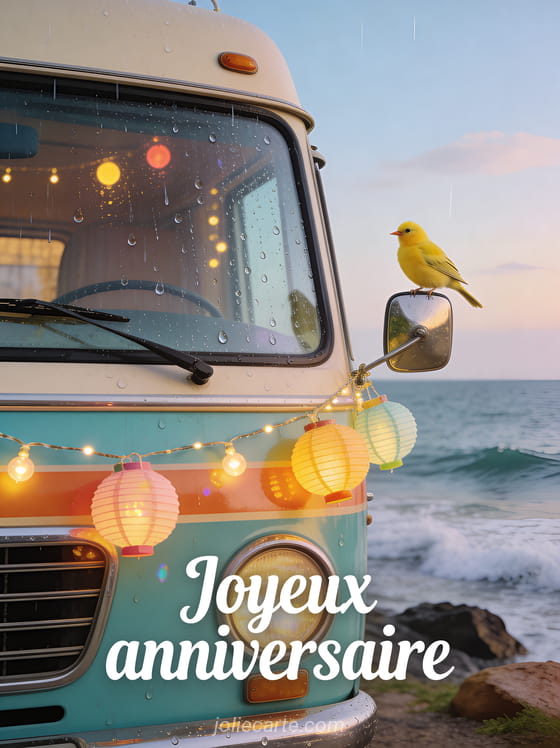 Camping-car vintage coloré garé au bord de la mer avec guirlande lumineuse et canari jaune sur le rétroviseur