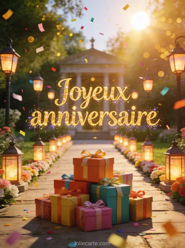 Allée bordée de lanternes menant à un sanctuaire baigné de lumière avec cadeaux colorés et le texte Joyeux anniversaire en lettres dorées