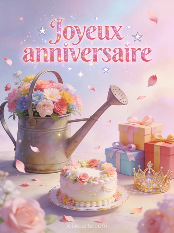 Arrosoir vintage débordant de fleurs colorées avec couronne de princesse dorée et gâteau d’anniversaire