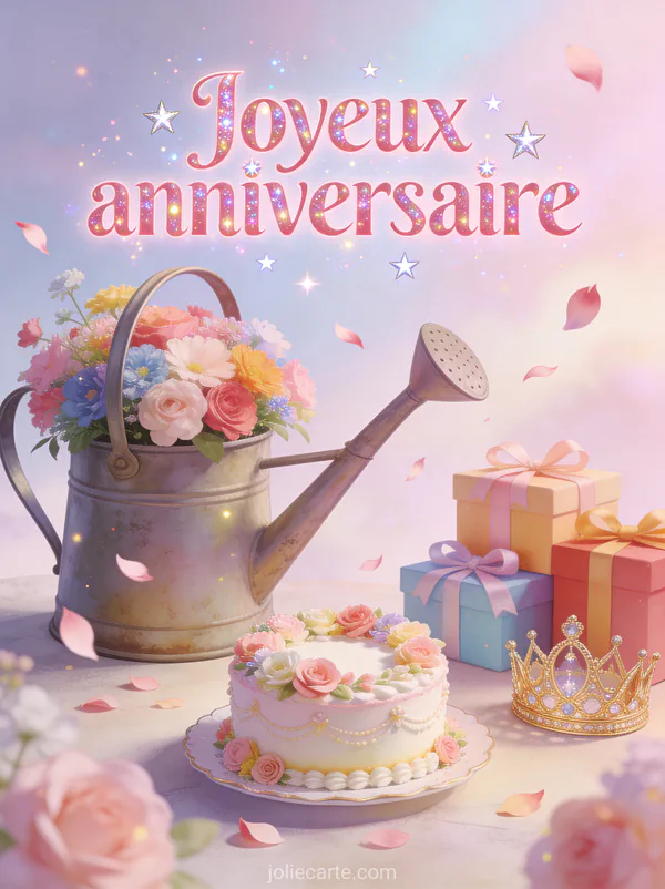 Arrosoir vintage débordant de fleurs colorées avec couronne de princesse dorée et gâteau d’anniversaire