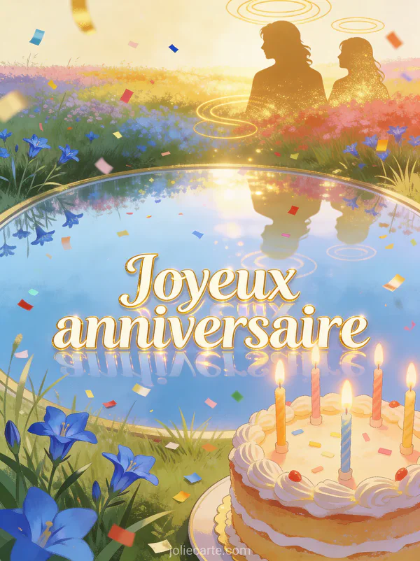 Prairie multicolore au bord d'un lac miroir avec gentianes bleues, gâteau d'anniversaire et le texte Joyeux anniversaire en lettres crème dorées