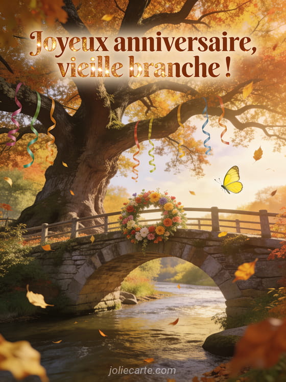 Pont de pierre au-dessus d’une rivière avec vieux chêne majestueux et serpentins colorés en automne