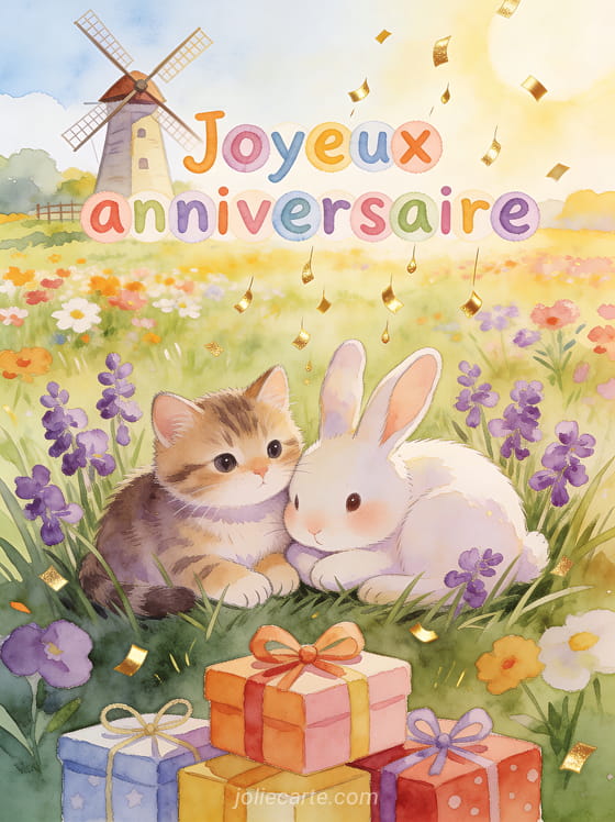 Moulin à vent dans un champ de fleurs avec chaton et lapin pelotonnés, confettis dorés et le texte Joyeux anniversaire en lettres aquarelle