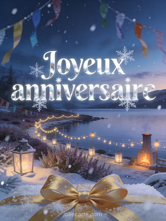 Loch écossais sous crépuscule hivernal avec guirlandes lumineuses, lanternes et neige légère qui tombe