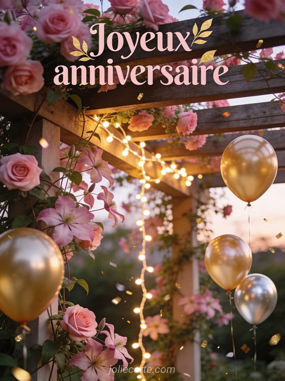 Pergola avec rosiers grimpants et clématites en fleur, guirlande lumineuse et ballons dorés avec le texte Joyeux anniversaire en lettres rose poudré