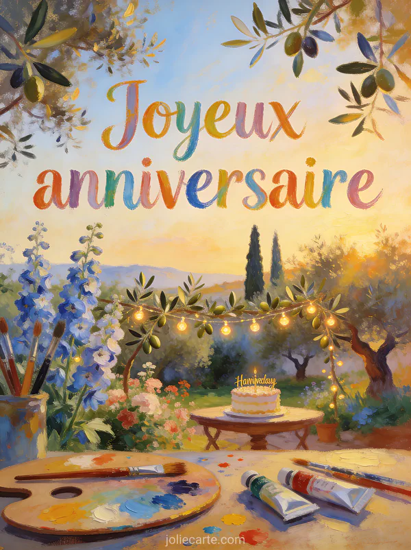 Jardin méditerranéen fleuri avec palette de peintre et pinceaux au premier plan, oliviers et delphiniums bleus