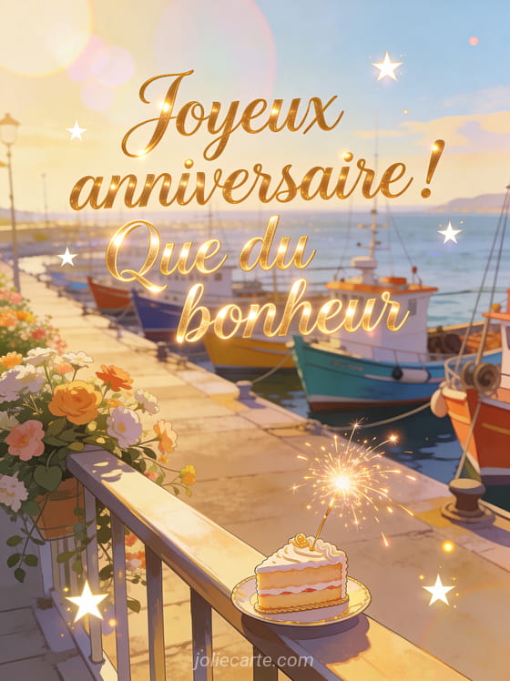 Quai fleuri avec bateaux de pêche colorés, gâteau d'anniversaire élégant et bougie scintillante avec le texte Joyeux anniversaire Que du bonheur