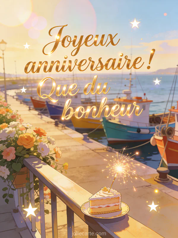 Quai fleuri avec bateaux de pêche colorés, gâteau d'anniversaire élégant et bougie scintillante avec le texte Joyeux anniversaire Que du bonheur