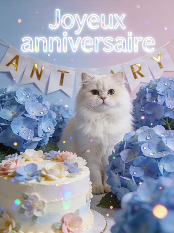 Chat persan blanc parmi des hortensias bleus avec gâteau décoré de fleurs et particules scintillantes