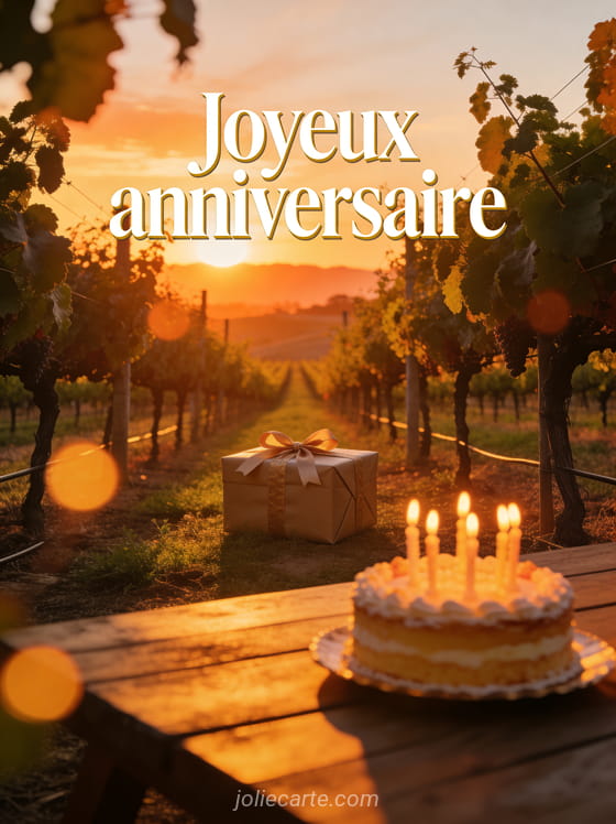 Vignoble de la Napa Valley au soleil couchant avec cadeau entre les vignes, gâteau d'anniversaire et le texte Joyeux anniversaire en lettres blanches dorées