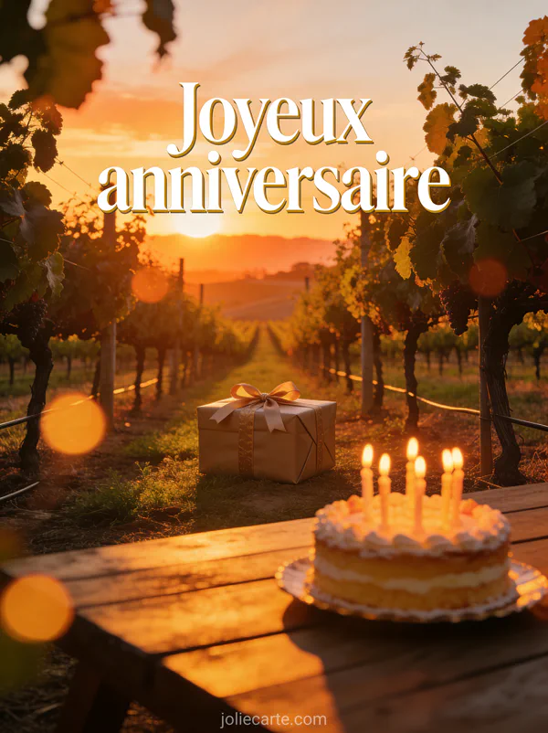 Vignoble de la Napa Valley au soleil couchant avec cadeau entre les vignes, gâteau d'anniversaire et le texte Joyeux anniversaire en lettres blanches dorées