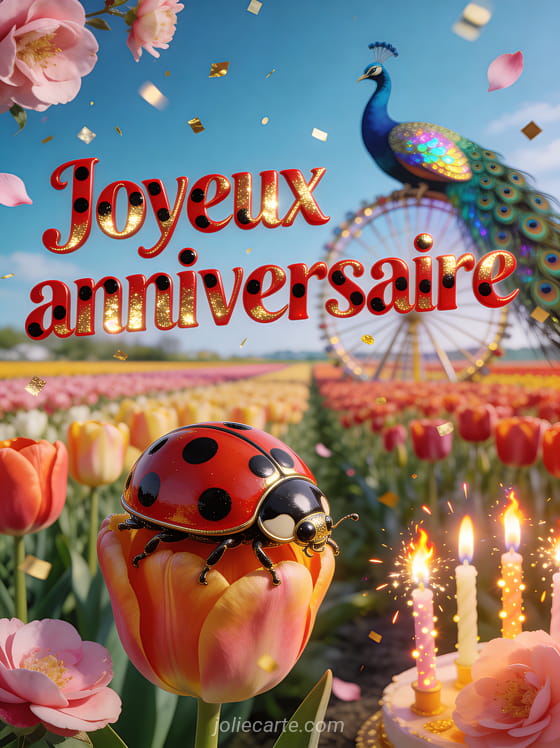 Champs de tulipes avec coccinelle géante décorative, paon faisant la roue et camélias roses