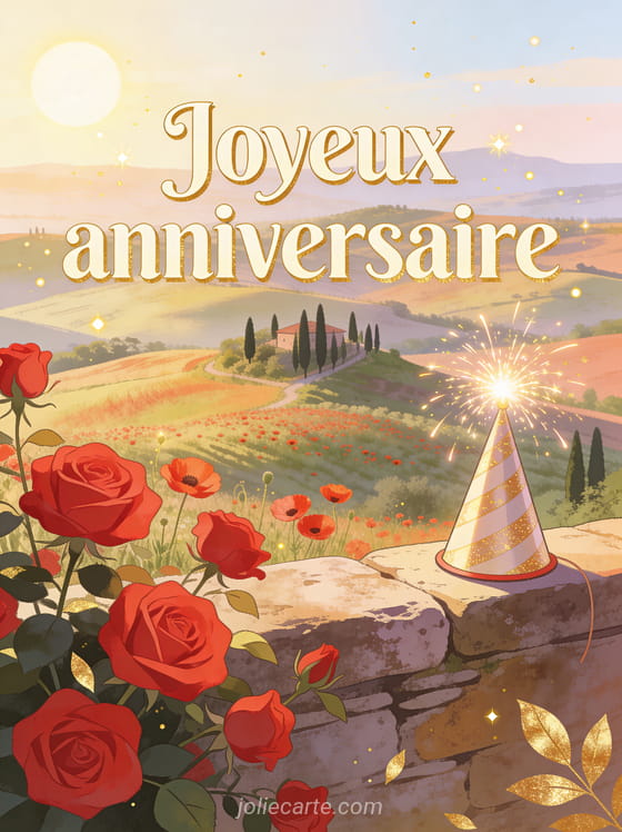 Collines de Toscane avec coquelicots et cyprès sous le soleil, roses rouges et bougie scintillante avec le texte Joyeux anniversaire en lettres crème dorées