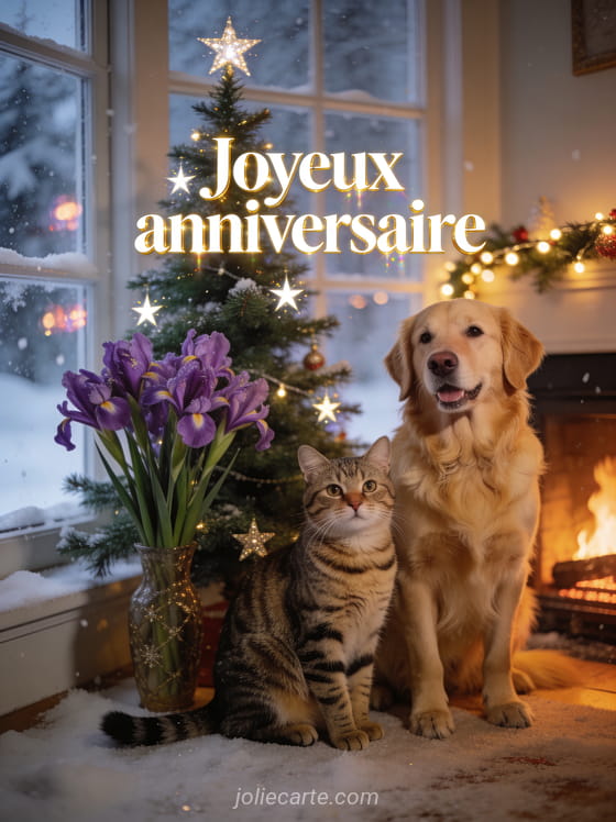 Chien golden retriever et chat tigré côte à côte devant un sapin de Noël avec iris violets et guirlande lumineuse