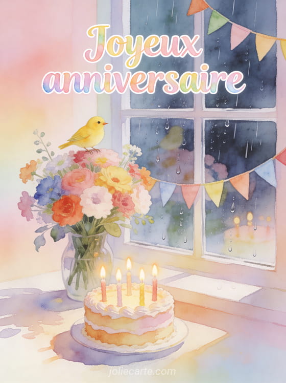 Bouquet de fleurs colorées avec canari jaune perché, gâteau d'anniversaire et guirlande de fanions avec le texte Joyeux anniversaire en lettres pastel aquarelle