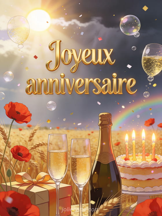 Champ de blé doré avec coquelicots, flûtes de champagne et bouteille, gâteau avec bougies et arc-en-ciel au loin