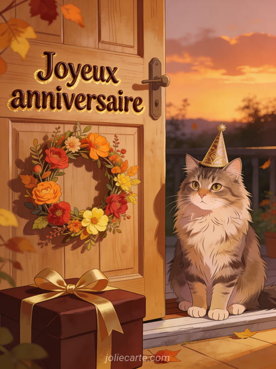 Couronne de fleurs sur porte en bois au crépuscule, chat norvégien avec chapeau de fête et le texte Joyeux anniversaire en lettres chocolat dorées