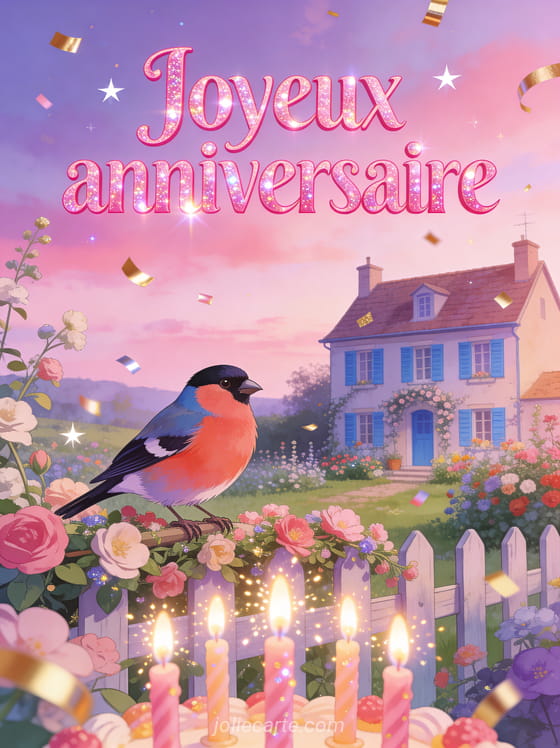 Maison de campagne aux volets bleus avec jardin fleuri sous ciel rose et violet, bouvreuil et bougies scintillantes avec le texte Joyeux anniversaire en lettres rose vif