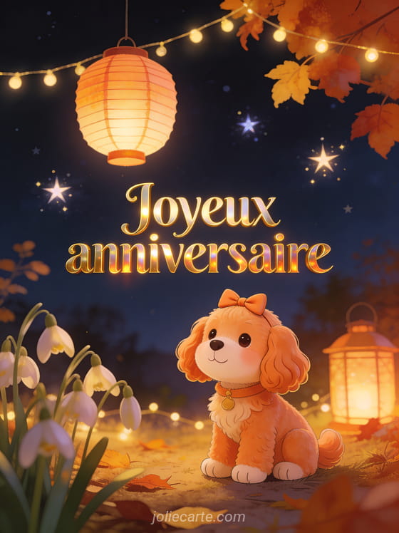 Caniche toy abricot avec nœud sur la tête, lanternes en papier flottant dans la nuit d’automne avec muguet