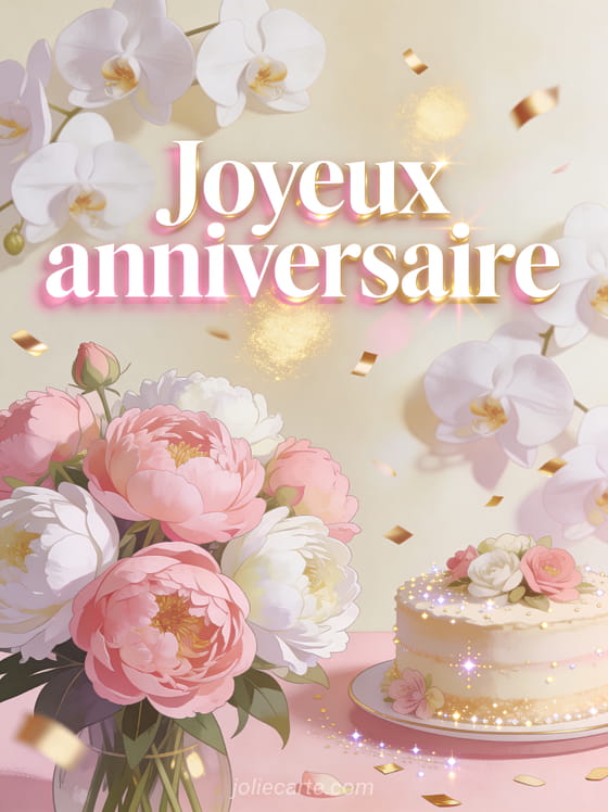 Orchidées blanches et bouquet de pivoines roses avec gâteau décoré de fleurs, confettis dorés et le texte Joyeux anniversaire en lettres blanches rosées