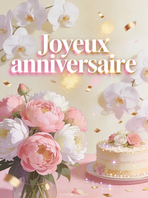 Orchidées blanches et bouquet de pivoines roses avec gâteau décoré de fleurs, confettis dorés et le texte Joyeux anniversaire en lettres blanches rosées