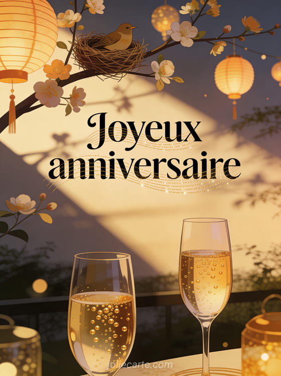 Nid d’oiseau sur une branche fleurie avec coupes de champagne dorées et lampions de fête au coucher du soleil