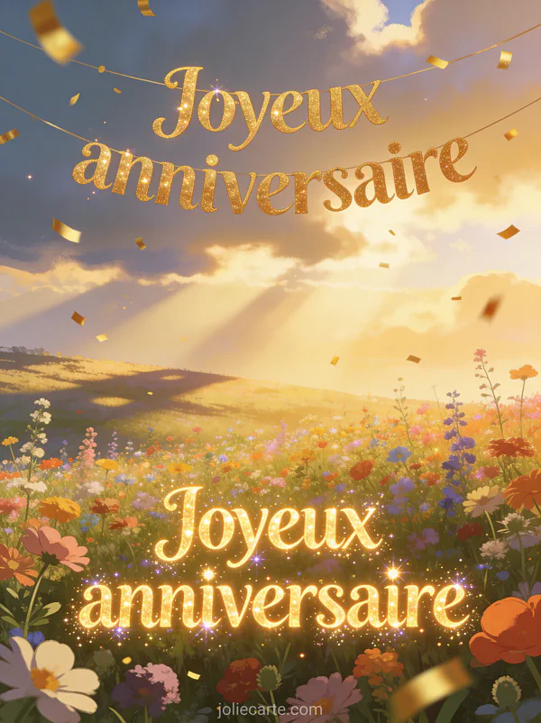 Champ de fleurs sauvages multicolores avec banderole de fête dorée, confettis et rayons de soleil perçant les nuages avec le texte Joyeux anniversaire