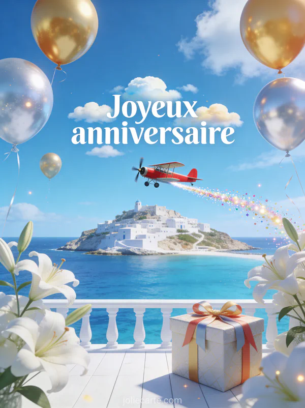 Île grecque blanche avec mer cobalt, petit avion vintage rouge survolant l’île, lys blancs et ballons dorés